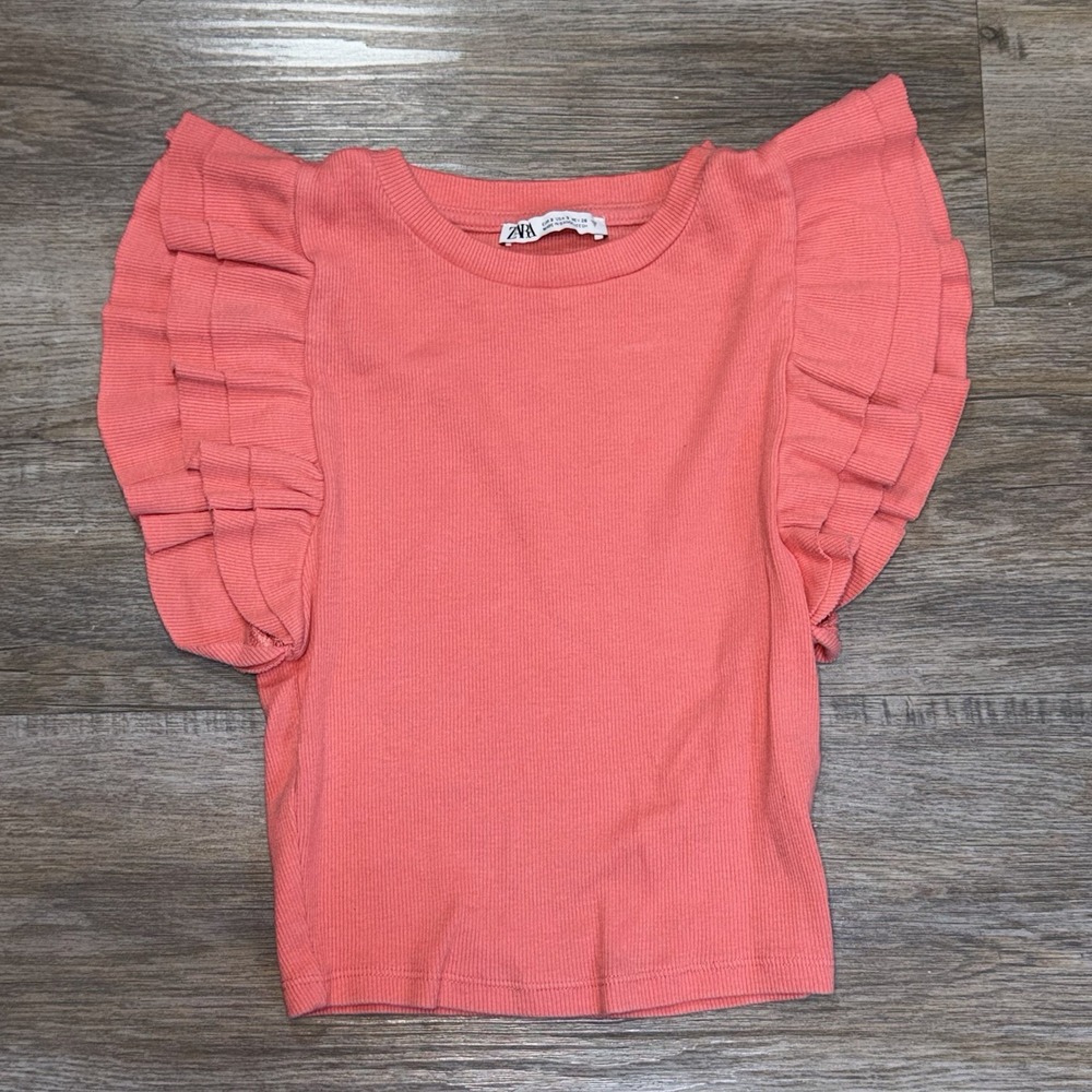 Zara Coral Ribbed Crop Top Womens Small Dramatic Layered Ruffle Sleeves